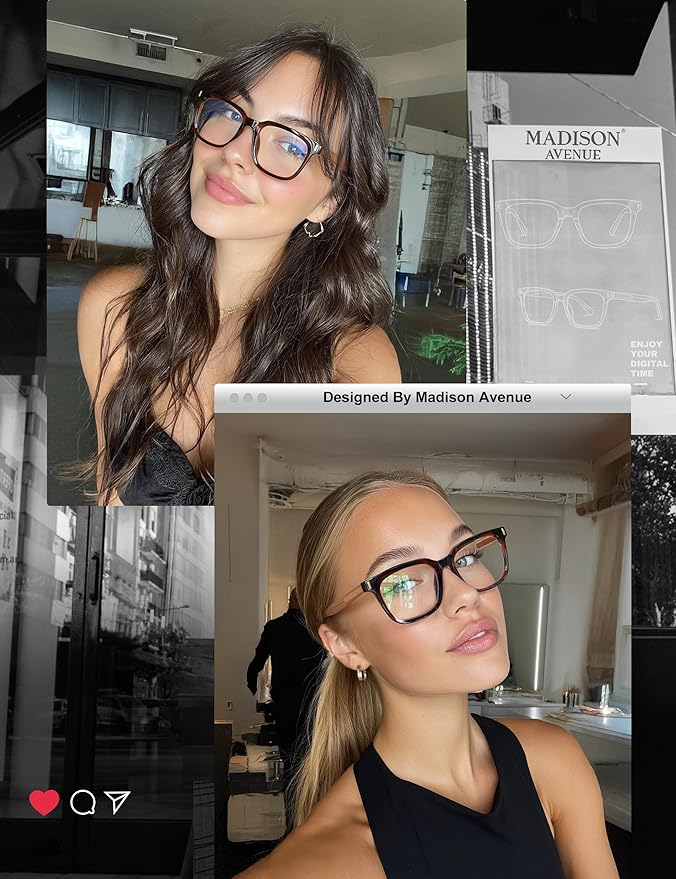 Madison Avenue Trendy Sqaure Blue Light Blocking Glasses for Women with Case, Stylish Anti Glare Glasses for Computer