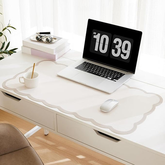 Scalloped Desk Mat, 31.5" x 15.7" Large Cute Beige Khaki Aesthetic Desk Accessories, PU Leather Computer Laptop Desk Mat Mouse Keyboard Pad, Desk Writing Makeup Mat for Vanity/Work/Home Decor