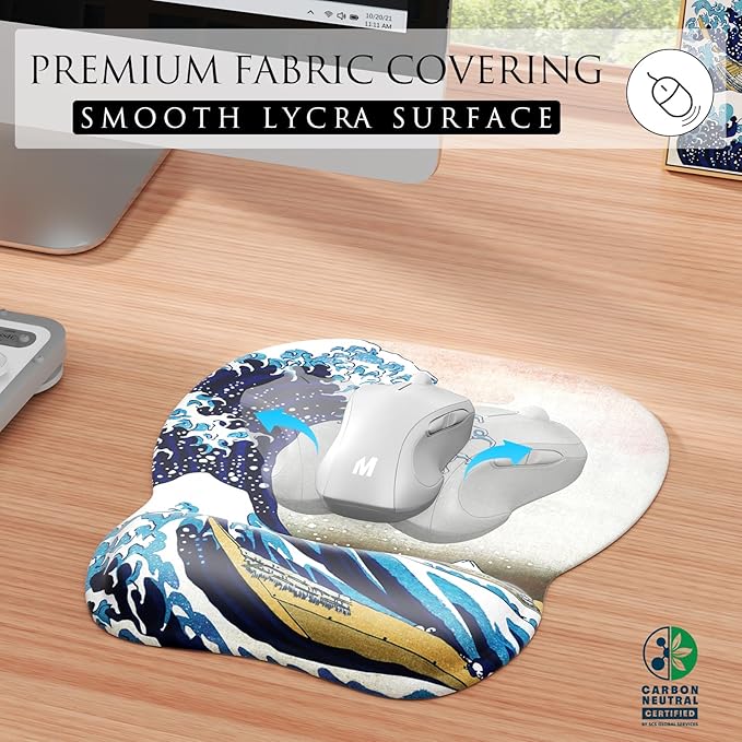MROCO Ergonomic Mouse Pad with Gel Wrist Rest, Smooth Wrist Support Surface, Non-Slip PU Base for Pain Relief, Comfortable Mousepad for Computer, Laptop, Office & Home, 9.4 x 8.1 in, Great Wave