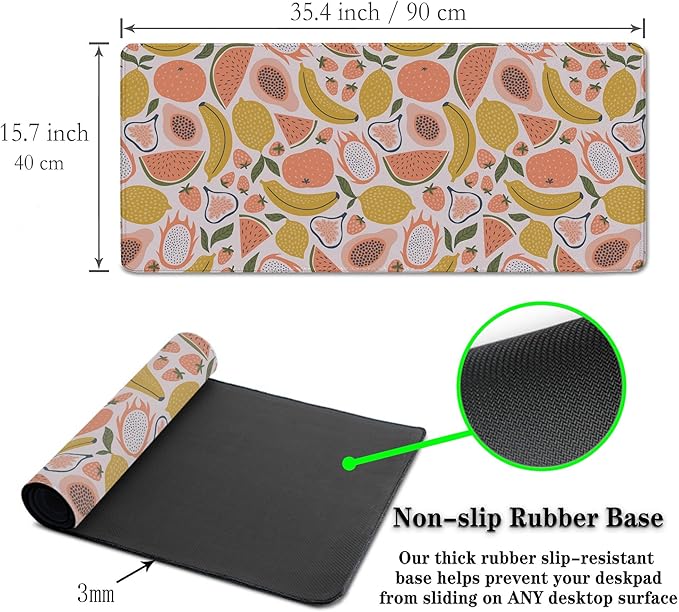 Large Desk Pad, Keyboard Mouse Pad Gaming Desk Mats, Mouse Pad Mat Non-Slip Rubber Base Waterproof with Stitched Edges, 35.4 X 15.7 inch for Work/Game/Office/Home Bright Summer Cartoon Fruits