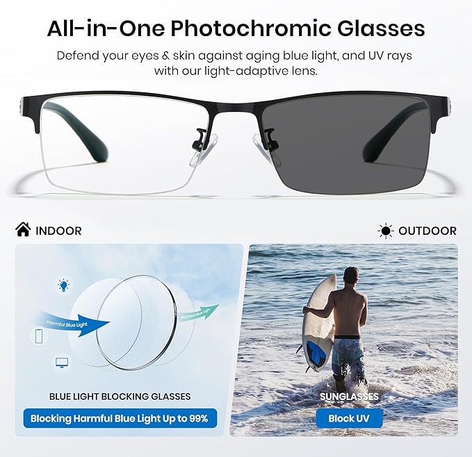 Cyxus Blue Light Blocking Glasses Men Woman Photochromic Semi Rim Computer Gaming Office Study Eyeglasses UV Protection 8001