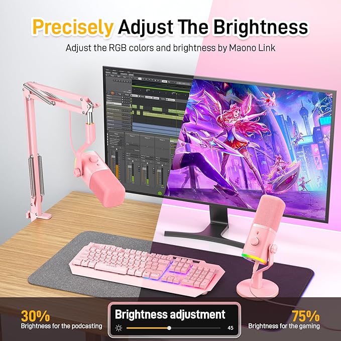 MAONO XLR/USB Gaming Microphone for PC, Dynamic Computer Mic for Streaming Podcasting, Noise Reduction, Mute, Volume Control, RGB Boom Mic for Vocal Recording,Voice-Over, PD100XS Pink