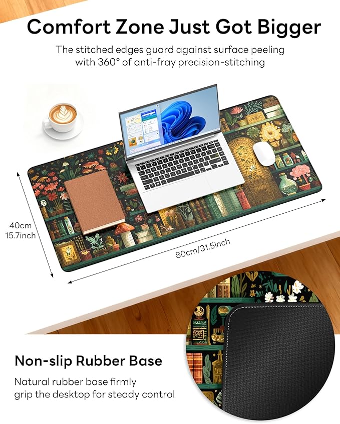 XL Gaming Mouse Pad, 31.5x15.7'' Large Desk Mat with Anti-Slip Rubber Base & Stitched Edges for Gaming, Office, Home - Boho Bookshelf