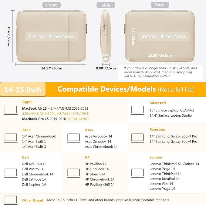 HYZUO 14-15 Inch Laptop Sleeve Bag Set for MacBook Air 15 M5 A3448 M4 M3 M2 2026-2023, MacBook Pro 15, XPS 14/15 Plus, 15" Surface Laptop, Notebook Case for 14" HP Lenovo Asus Acer, Sand