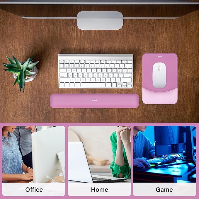 MOSISO Wrist Rest Support for Mouse Pad&Keyboard Set, Rectangular Ergonomic Mousepad Non-Slip Base Home/Office Pain Relief&Easy Typing Pad with Neoprene Cloth&Raised Silicone Lining, Rose Red