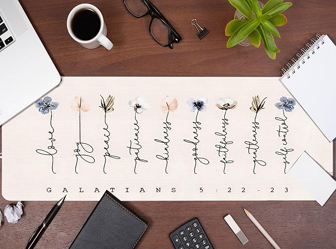 Light Pink Christian Mouse Pad Flroal Desk Mat Bible Verses Gakatians 5:22, Extended Large XL Church Desk Accessories Computer Mat for Office, Church Religious Gifts for Women 31.5x11.8