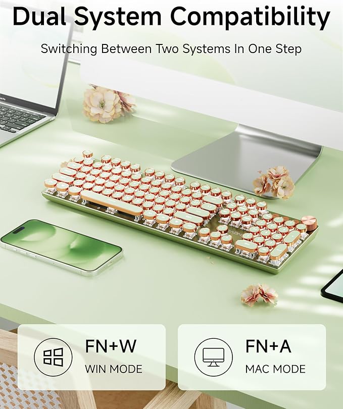 EWEADN V20 Typewriter Keyboard Wireless, 104 Keys Typewriter Style Mechanical with White Backlit, Media Knob, Pink Switch 2.4G/Bluetooth/USB-C Wired Retro Full Size Keyboard for Windows/Mac/PC-Green