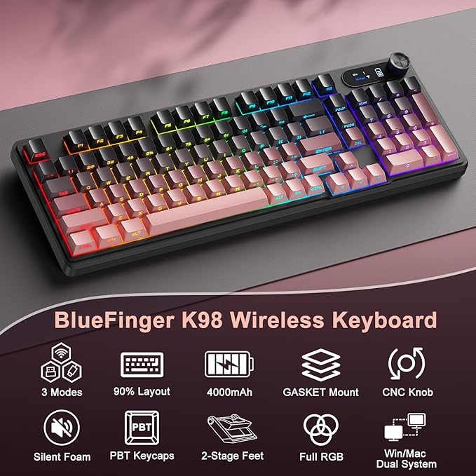 BlueFinger Wireless Gaming Keyboard, RGB Backlit, Tri-Mode Bluetooth/2.4G/USB-C, 98 Keys Quiet Keyboard with Number Pad, Volume Knob & Screen, Side Printed PBT Keycaps for PC/Mac/Laptop