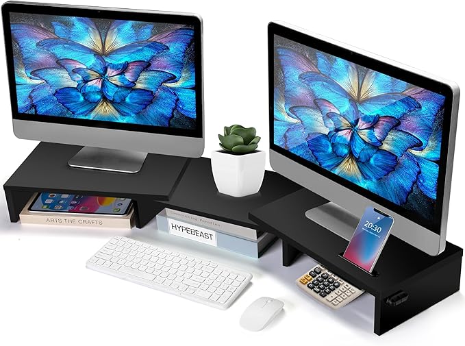 La Jaco Dual Monitor Stand Riser for 2 Monitors, Monitor Stand for Desk, Adjustable Length & Swivel Angle Wooden Desktop Organizer Stand Riser with Smartphone Holder for PC Monitor Laptop, Black