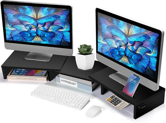 La Jaco Dual Monitor Stand Riser for 2 Monitors, Monitor Stand for Desk, Adjustable Length & Swivel Angle Wooden Desktop Organizer Stand Riser with Smartphone Holder for PC Monitor Laptop, Black