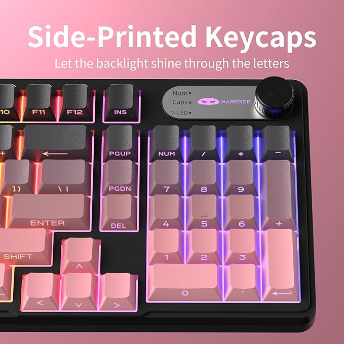 MageGee GK960 Wireless Gaming Keyboard, RGB Tri-Mode Wired/BT/2.4G Creamy Keyboard with Number Pad, 4000mAh Battery, Knob Control, Side Printed Keycaps, 19-Key Anti-Ghosting for Win/Mac (Black & Pink)