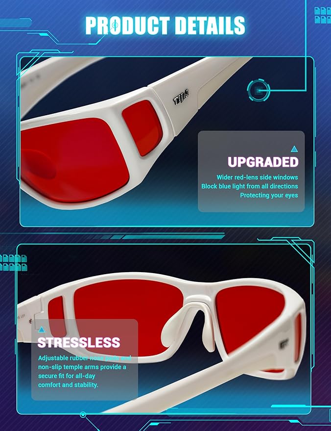 TIJN Sonia Red Sleep Glasses Orange Lens for Blue & Green Light Blocking,Dual AR Coating,Wraparound Frame for Gaming Screen