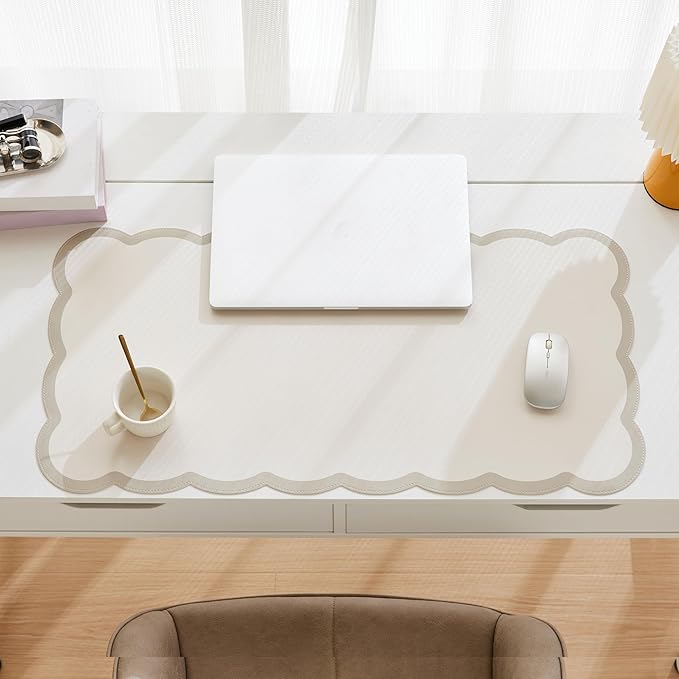 Scalloped Desk Mat, 31.5" x 15.7" Large Cute Beige Khaki Aesthetic Desk Accessories, PU Leather Computer Laptop Desk Mat Mouse Keyboard Pad, Desk Writing Makeup Mat for Vanity/Work/Home Decor