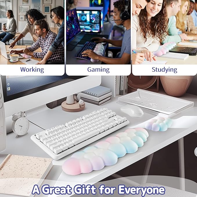 Sushret Cloud Wrist Rest Keyboard, Cloud Keyboard Wrist Pad Set with PU Leather Memory Foam, Cute Arm Rest for Palm Support, PC/Gaming Desk Accessories/Office Setup/Computer Hand Cushion - Rainbow