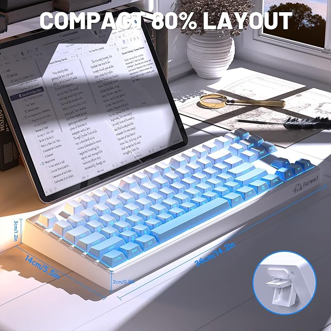 M87V2 87 Keys Membrane Gaming Wireless Keyboard,80% TKL Layout Side Printed Keys Retro Cute Creamy,RGB Backlit 4000mAh 2.4G/BT/Wired Computer Silent Keyboard for MAC PC- Gradient Blue