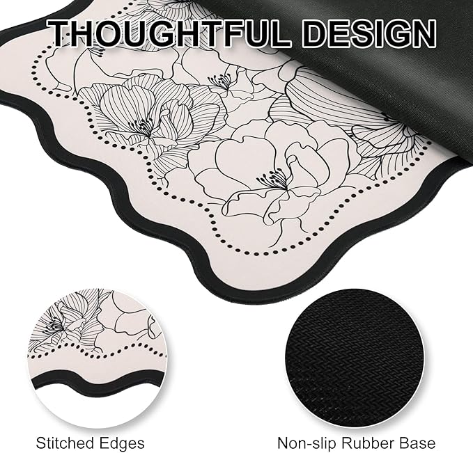L-SPOUTTO Vintage Floral Mouse Pad,Aesthetic Scalloped Desk Mat XXL Large Gaming Mousepad,35.4x15.7in Non-Slip Keyboard Pad Waterproof Desktop Mat for Laptop Computer Work Game Home Office-Peony Beige
