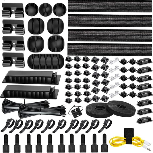 [313Pcs] Cable Management Kit, 67 Adhesive Cable Clips, Topavatop Desk Cord Organizer, 22 Reusable Cable Strap, 4 Cable Sleeve Split, 200 Nylon Cable Zip Ties with 20 Mounts for TV Office Home, Black by Topavatop