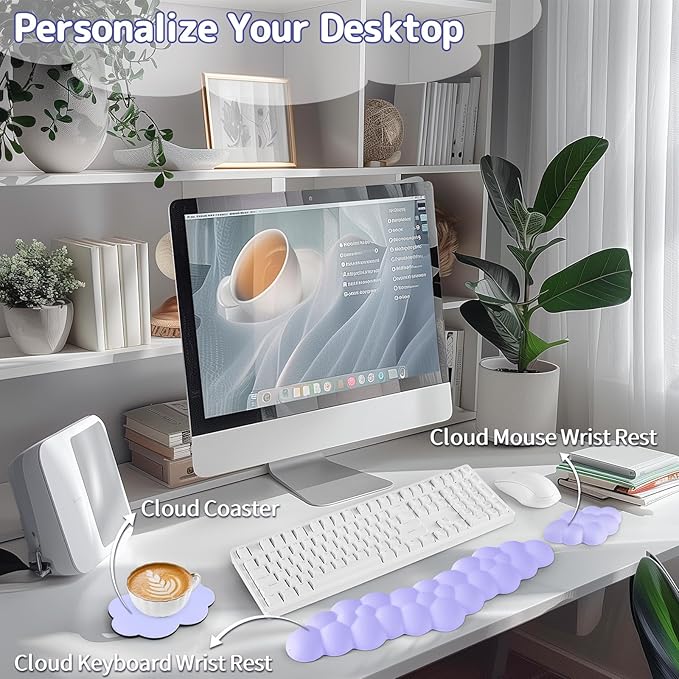 Sushret Cloud Wrist Rest for Keyboard and Mouse, Memory Foam PU Leather Keyboard Wrist Rest with Ergonomic Support, Non-Slip Base, Cute Arm Rest Pad & Palm Cushion, Office Desk Accessory, Purple
