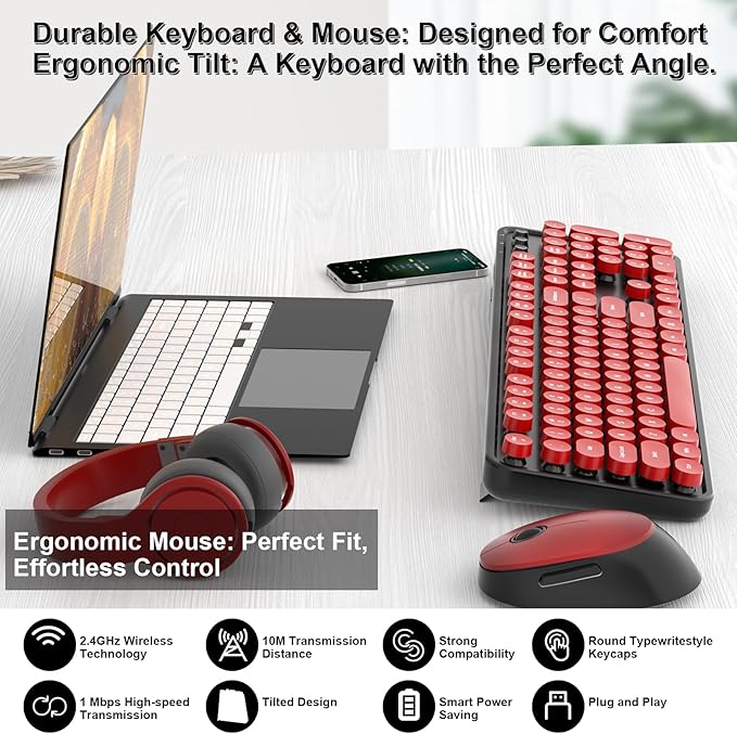 Wireless Keyboard and Mouse, COOFUN Retro Typewriter Keyboard with Round Keycaps, Full-Size Ergonomic, Ideal for Windows PC, Home, Office, and College Black and Red