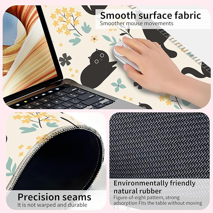 Desk Mat,Big Desk Pad,31.5 x 11.5in Extended Gaming Mouse Pad,Large Mouse Pad for Desk Rubber Base Mousepad with Stitched Edges,Keyboard Mouse Mat for Work Game Office Home - Cat in Flower