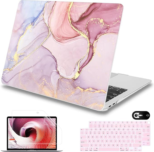 Mektron for MacBook Air 13 inch Case 2020 2019 2018 Release A2337 M1 A2179 A1932 with Retina Display Fits Touch ID, Plastic Hard Shell & Keyboard Cover & Screen Protector & Webcam Cover, Pink Marble