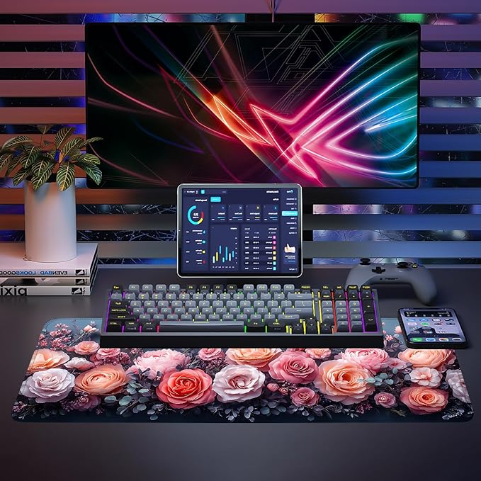 Mouse Pad, Large Anti-Slip with Stitched Edges Desk Mat Desktop Laptop Computer Desk Keyboard Mat,Table Protector Blotter Mat (Pink Flower, 31.5" x 11.8")