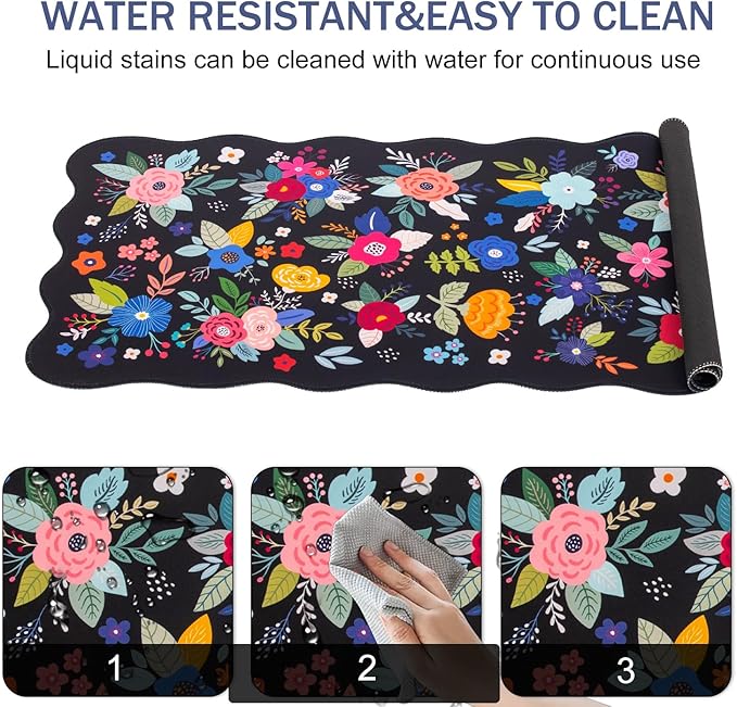 L-SPOUTTO Floral Mouse Pad,Botanical Desk Mat XXL Large Scalloped Gaming Mousepad,35.4x15.7in Non-Slip Rubber Base Keyboard Pad Waterproof Desktop Mat for Laptop Computer Game Home Office-Flowers