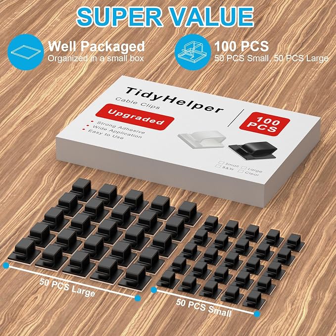 100 PCS Adhesive Cable Clips Black (Small & Large), Upgraded Wire Holder for Wall Cord Organizer Cable Management Under Desk, Outdoor Light Clips Hooks for LED, Car Dash Cam, HDMI, Extension Cord - Image 2