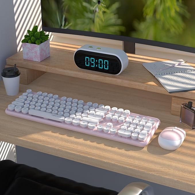 UBOTIE Colorful Computer Wireless Keyboard Mouse Combos, Typewriter Flexible Keys Office Full-Sized Keyboard, 2.4GHz Dropout-Free Connection and Optical Mouse (Pink-White)