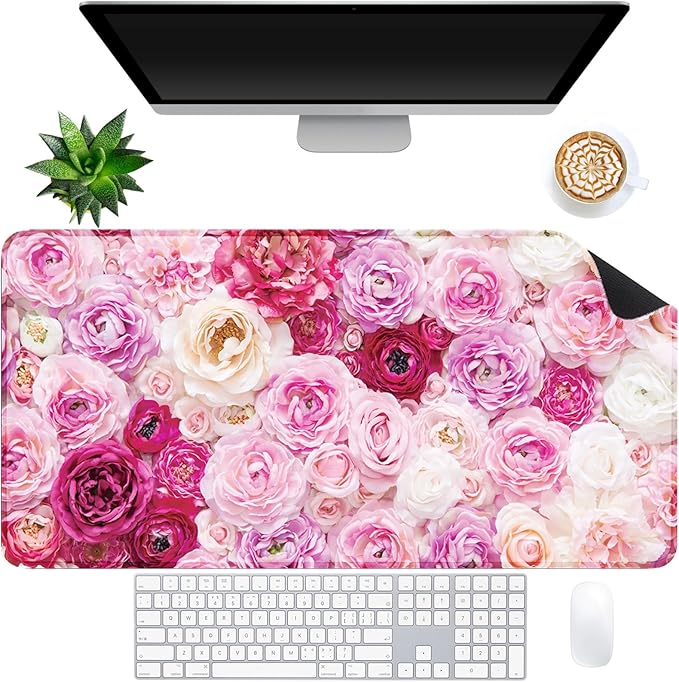 Pink Rose Desk Mat for Keyboard and Mouse，Computer Desk Matt for Desktop，Large Mouse Pad for Desk，Desk Pads on Top of Desks 15.7" x 31.5"