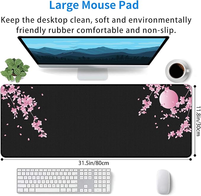 Japanese Cherry Blossom Gaming Mouse Pad XL, Black Desk Mat Large Mouse Pad Long 31.5x11.8in, Extended Big Desk Pad Pink Flower Mousepad with Non-Slip Base and Stitched Edges for Work Gaming Office