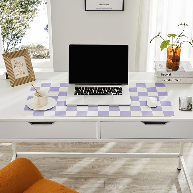 Checkered Desk Mat, Large Cute Aesthetic Retro PU Leather Computer Laptop Desk Mat, Non-Slip Waterproof Mouse Keyboard Pad, Desk Writing Mat for Work/Home (Purple, 23.6" x 13.7")
