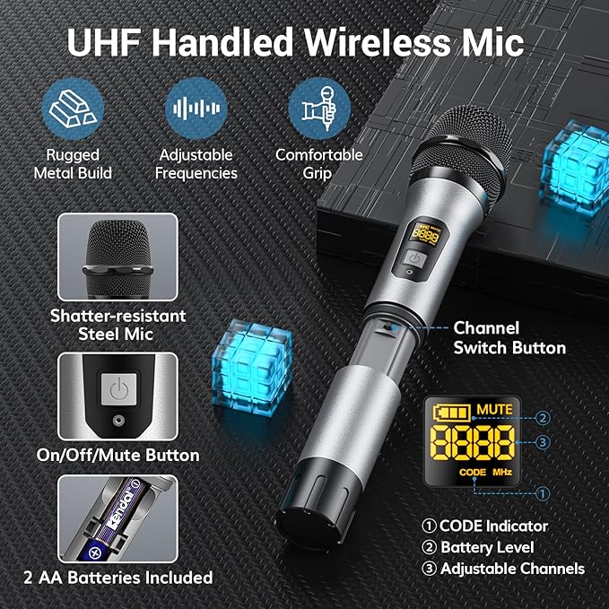 TONOR Wireless Microphones System, 8 * 12 Channel Metal Professional UHF Cordless Dynamic Handheld Mics with Receiver for Home Karaoke, Meeting, Party, Church, Wedding, KTV, 90 m/295ft, TW-880 Silver