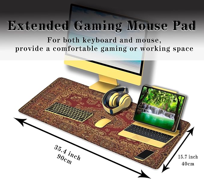 Gaming Mouse Pad Retro Boho, Large Mousepad Office Desk Mat, Work Desk Mat Non-Slip Rubber Base Waterproof with Stitched Edges, 35.4 X 15.7 inch for Work/Game/Office/Home Vintage Bohemian