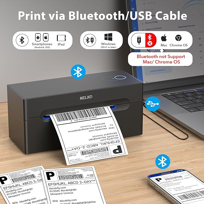 Nelko Bluetooth Thermal Shipping Label Printer, Wireless 4x6 Shipping Label Printer for Shipping Packages, Support Android, iPhone and Windows, Widely Used for Amazon, Shopify (Black)