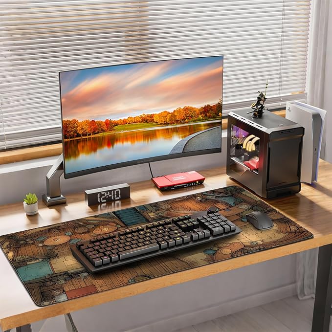 Extended Keyboard and Mouse pad, Fantasy Tavern Pattern, 35.4 x 15.7 Inch, Gaming Desk mat with Non-Slip Base and Waterproof Finish, Suitable for Home Office and workstations.