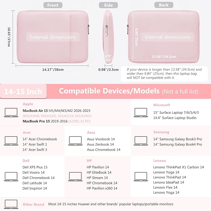 HYZUO 14-15 Inch Laptop Sleeve Bag Set for MacBook Air 15 M5 A3448 M4 M3 M2 2026-2023, MacBook Pro 15, XPS 14/15 Plus, 15" Surface Laptop, Notebook Case for 14" HP Lenovo Asus Acer, Pale Pink