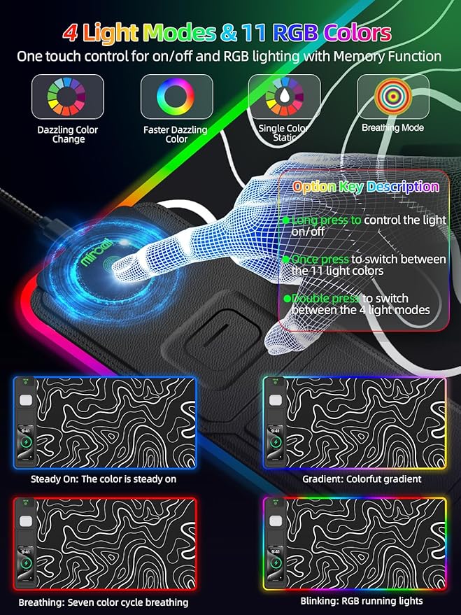 Mouse Pad with Adjustable Phone Stand Dual Wireless Charger, 15W Fast Charging Desk Mat, Extra Large 31.5x15.75 Waterproof Desk Pad for iPhone Samsung Air-Pods, Gaming Mousepad w/ 11&4 RGB