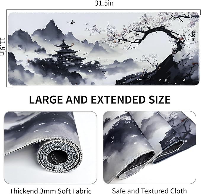 Large Mouse Pad, Japanese Desk Mat with Stitched Edges, XL Anime Gaming Mouse Pad, Non-Slip Long Mousepad for Desk Office Home, 31.5”x11.8”