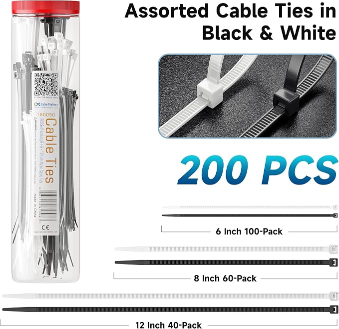 Cable Matters 200-Pack Cable Ties for Indoor and Outdoor, 6, 8, 12-Inch Self-Locking Nylon Zip Ties Assorted Sizes, Tie Wraps for Multiple Use, Self Locking Zipties, in Black and White - Image 2
