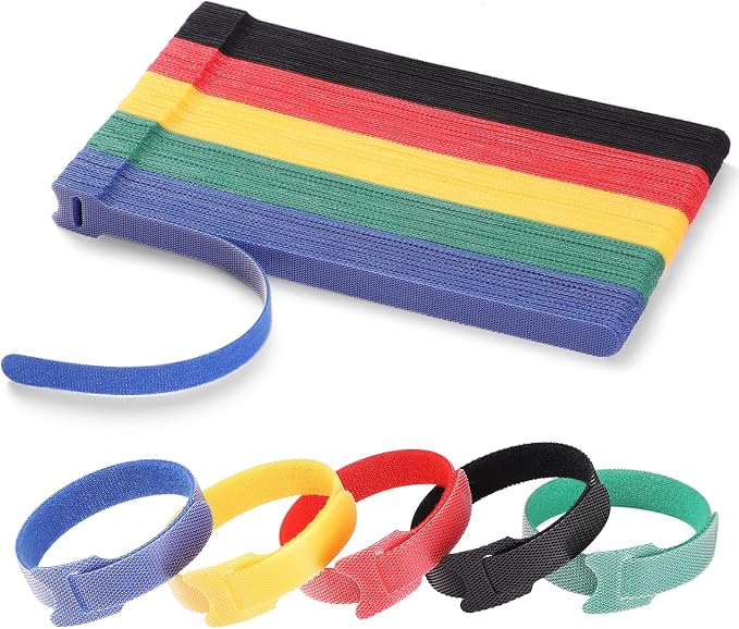 100 PCS 8 Inches Reusable Cable Ties | Adjustable Cord Wraps, Cable Straps | Hook & Loop Cord Organizer, Cable Management | 5 Colors by QTBLY