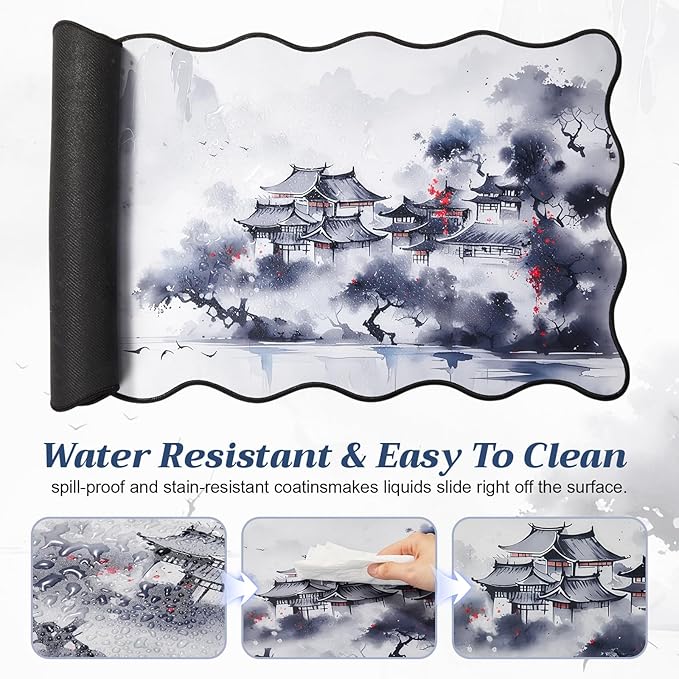 Kingdder Scalloped Ink Landscape Desk Mat Large Chinese Ink Painting Mouse Pad 31.5" x 15.7" Chinoiserie Aesthetic Vintage Nonslip Rubber Base Keyboard Pad for Laptop Computer Dorm Home Office Gaming