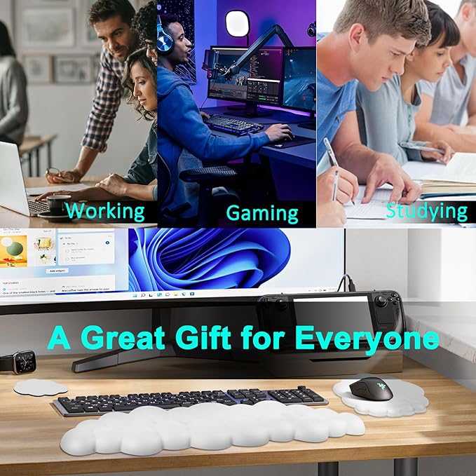 Cloud Keyboard and Mouse Wrist Rest Pad for Computer Arm Pain Relief- Ergonomic Wrist Support Mousepad with Non-Slip PU Base for Office, Gaming, and Home Use Anti-Fatigue(White)