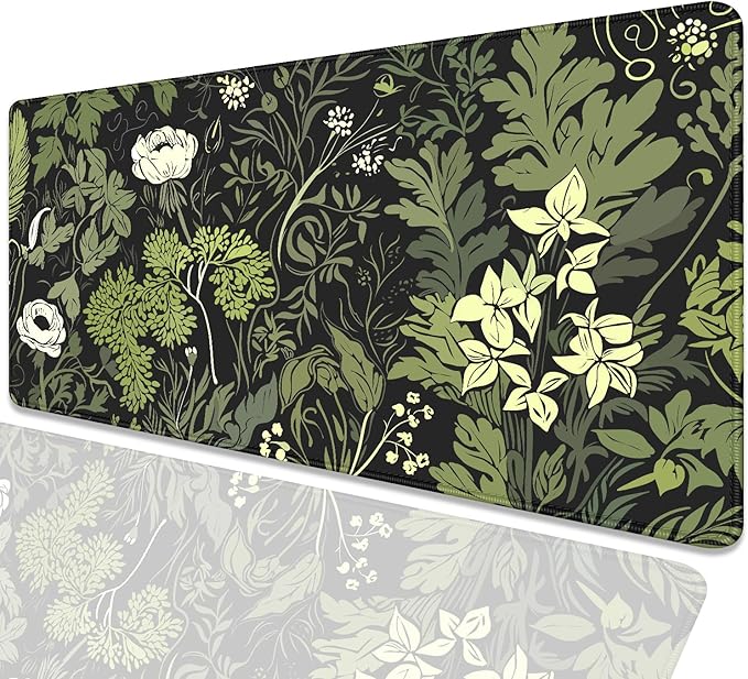 Sage Green Floral and Plant Desk Pad Mouse Pad,Large Gaming Floral Mouse Mat with Stitched Edges,Non-Slip Waterproof Rubber Base Mousepad for Office Work Home Desk Mat(27.5X11.8 in)