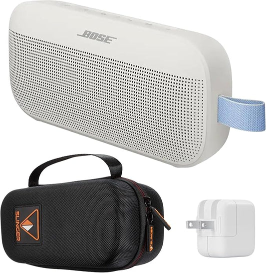 Bose NEW SoundLink Flex Portable Bluetooth Speaker (2nd Gen), Outdoor Speaker with Hi-Fi Audio, Up to 12 Hours Battery, Waterproof and Dustproof, + Slinger Hard Travel Case & USB Plug (Fog Gray)