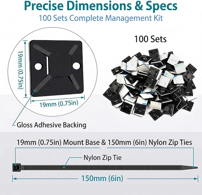 Zip Tie Mounts - SeuYeugX 100PCS Cable Self Adhesive Mounts Set for Wire Management with Stick Pads Anchors Clips Squares Holders (Black) - Image 2