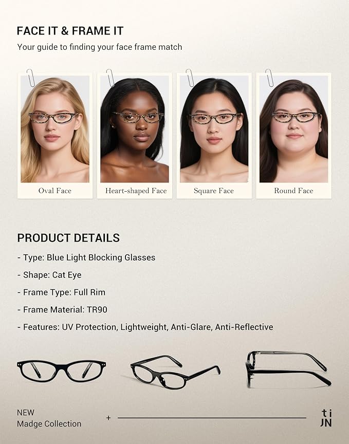 TIJN Blue Light Blocking Glasses Women Men Retro Cat Eye Square Oval Anti Glare Screen Computer Gaming Daily Eyeglasses TR90
