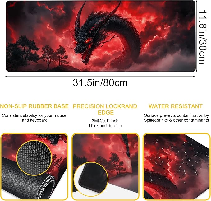 Desk Mat Red Black Dragon Desk Pad for Keyboard and Mouse, Large Mousepad with Stitched Edges for Work Game Office, 31.5 x 11.8 in