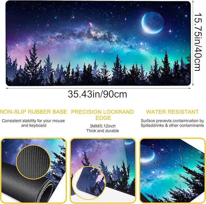 Desk Mat Moon Starry Sky Desk Pad for Keyboard and Mouse, Large Big Gaming Mouse Pad with Stitched Edges for Work Game, 35.43 x 15.75 in