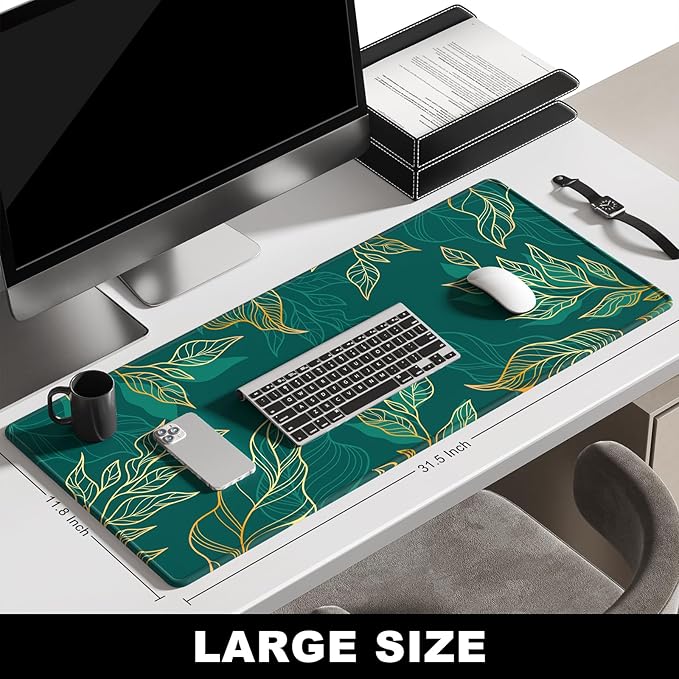BOSOBO Large Mouse Pad, XXL XL Extended Gaming Mouse Mat, Desk Mat for Office & Home, Long Keyboard Mat, Huge Desktop Full Cover 31.5 x 11.8 Inches, Artistic Luxury Leaves Green